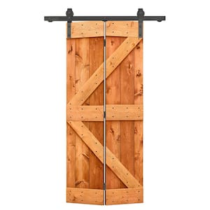 20 in. x 84 in. K Series Red Walnut-Stained DIY Wood Bi-Fold Barn Door with Sliding Hardware Kit
