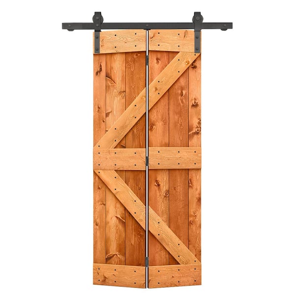 CALHOME 26 in. x 84 in. K Series Solid Core Red Walnut Stained DIY Wood Bi-Fold Barn Door with Sliding Hardware Kit
