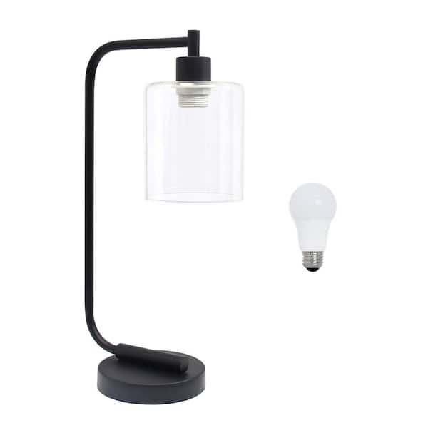 18.8 in. Black Industrial Antique Style Iron Lantern Table Lamp with Glass Shade, LED Bulb Included
