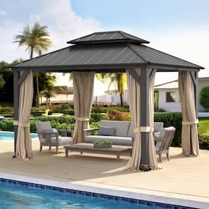 10 ft. x 12 ft. Gray Wood Grain Aluminum Hardtop Pavilion Gazebo Galvanized Steel Double Roof With Curtains Netting