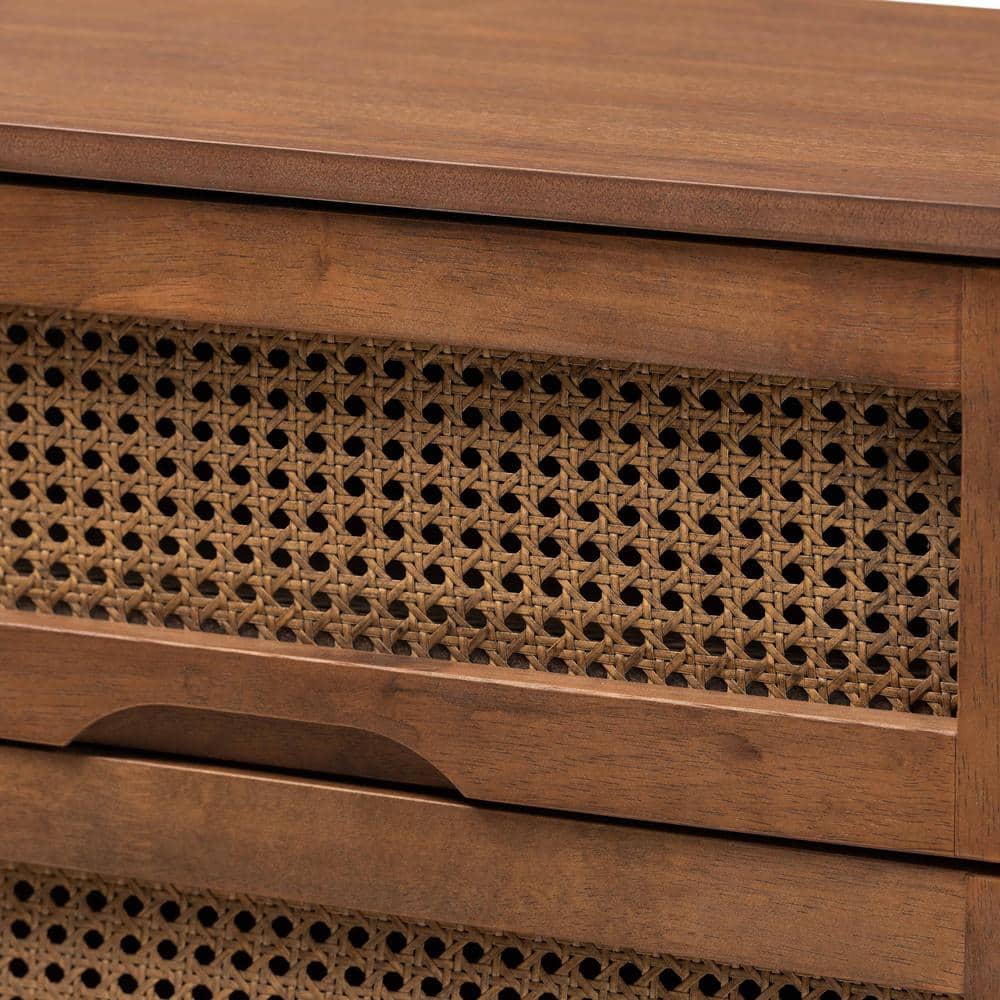 Walnut Brown Mid-Century Modern 6-Drawer Dresser with Rattan