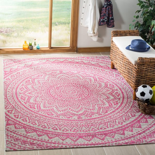 Courtyard Light Gray/Fuchsia 4 ft. x 4 ft. Medallion Indoor/Outdoor Square Area Rug