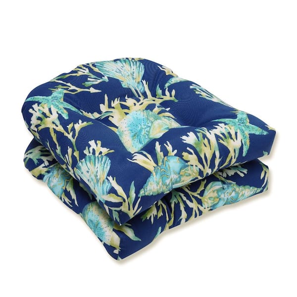 Pillow Perfect Tropical 19 in. x 19 in. Outdoor Dining Chair Cushion in Blue/Green (Set of 2)