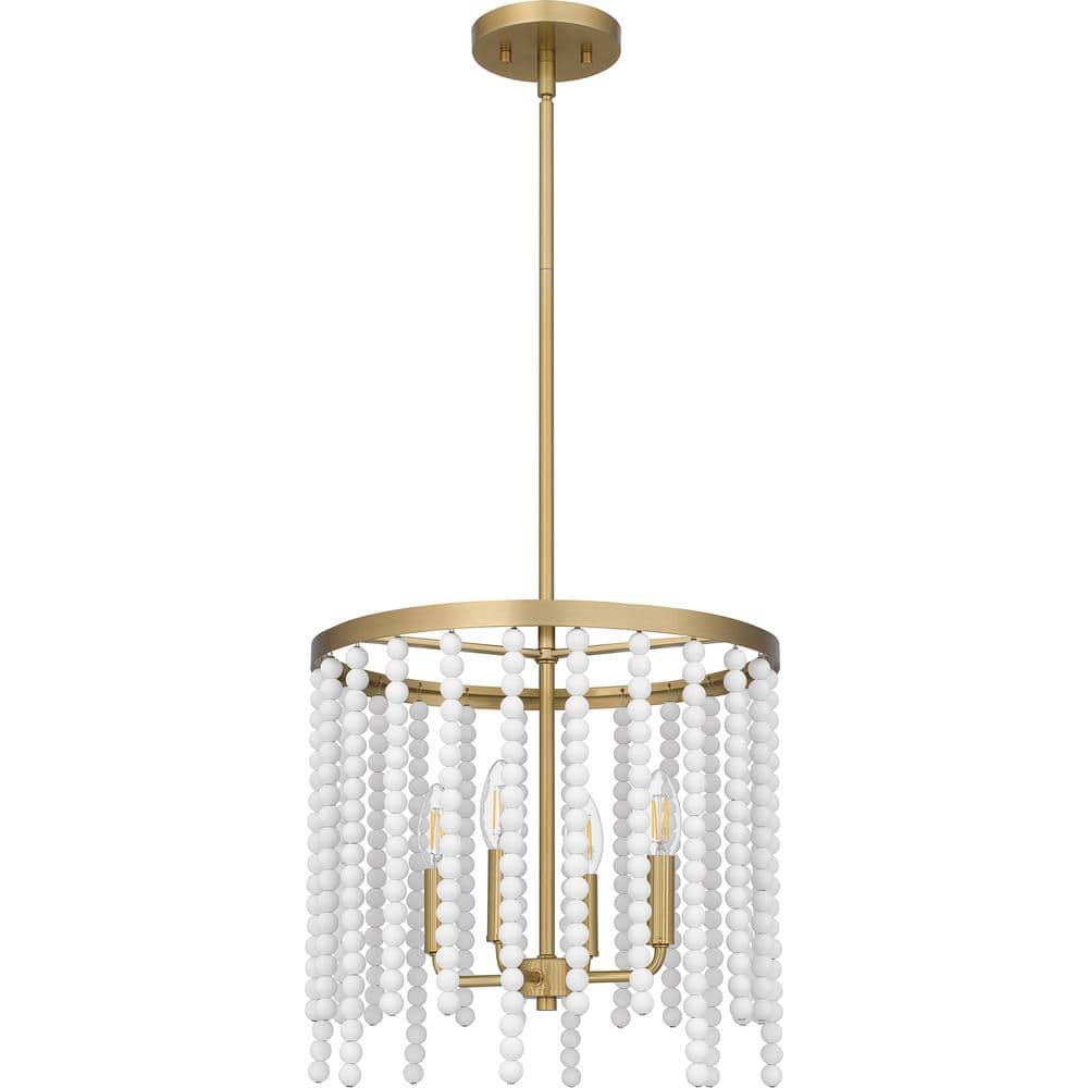 Aged Brass Drum Pendant Light with White Beads
