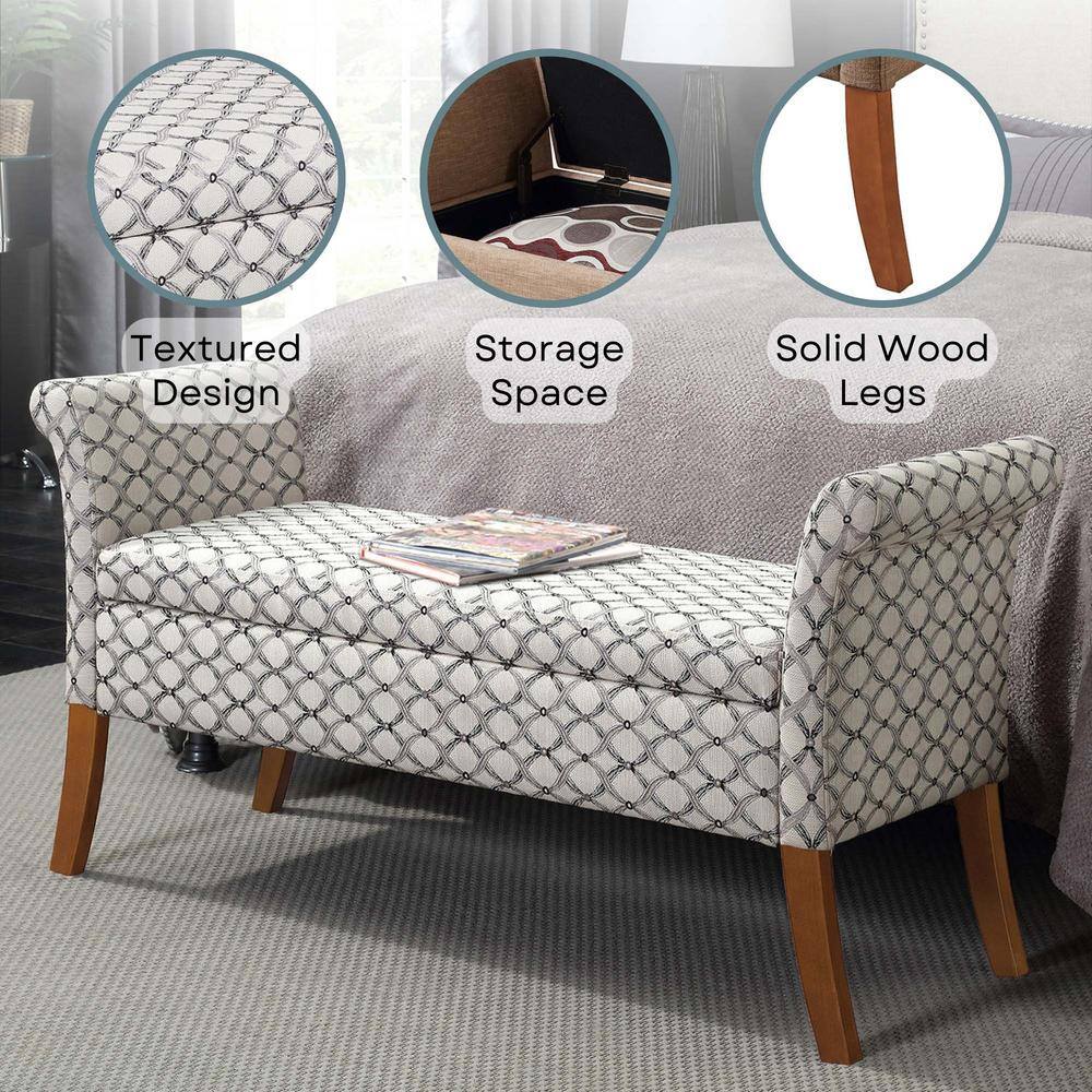 Elegant Ribbon Pattern Tufted Storage Bench with Rolled Armrests