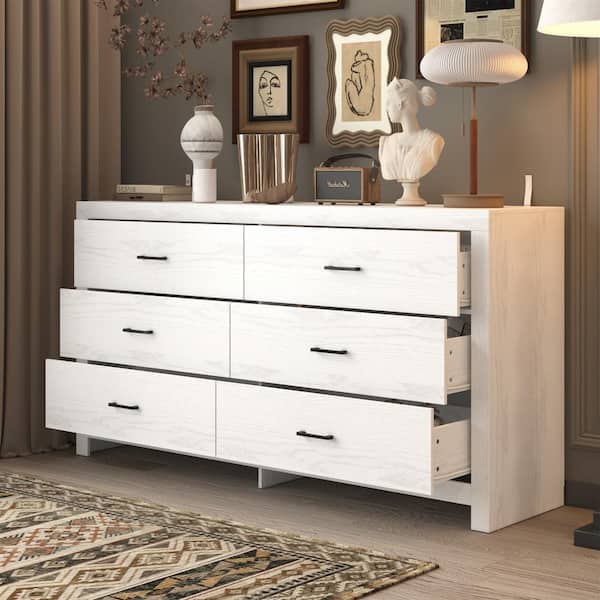 White Wood Finish 6-Drawer 63 in. x 15.7 in. x 33.1 in. Dresser, Wooden Chest of Drawers for Bedroom