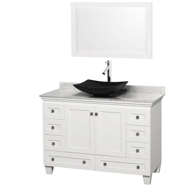 Wyndham Collection Acclaim 48 in. W Vanity in White with Marble Vanity Top in Carrara White, Black Granite Sink and Mirror