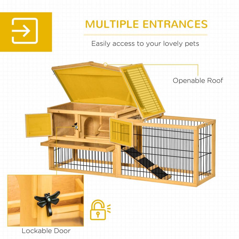 Beige Wooden Guinea Pig Hutch with Ramp and Waterproof Roof