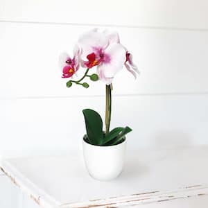 13 in. Lavender White Artificial Phalaenopsis Orchid Flower Arrangement in White Pot