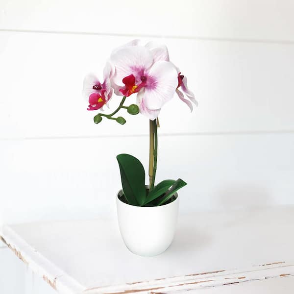 LIVING LUXURY 13 in. Lavender White Artificial Phalaenopsis Orchid Flower Arrangement in White Pot