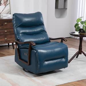Extra Wide Blue Breathable Leather Electric Recliner Chair, 270° Swivel Rocker Glider Chair with Solid Wood Armrest