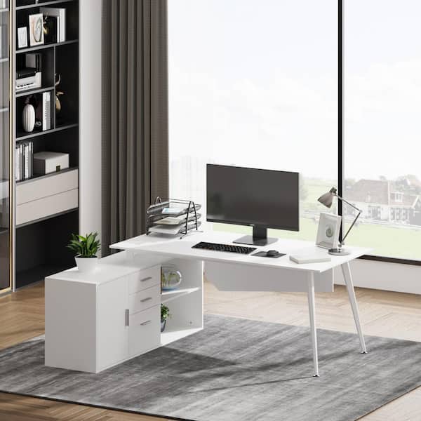 FUFU&GAGA 55.1 in. Width L-Shaped White Wooden 3-Drawer Computer Desk, Writing Desk with 2 Open Shelves & 1 Hutch
