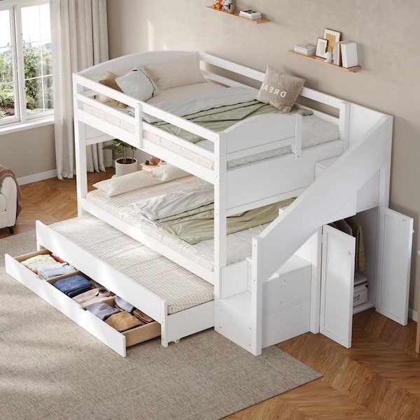 White Twin XL Over Twin XL Bunk Bed with Trundle and and 3-Storage Drawers