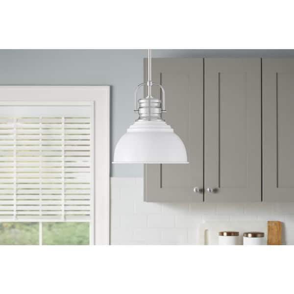Home Decorators Collection Shelston 10 in. 1-Light White and Chrome Farmhouse Pendant Light Fixture with Metal Shade