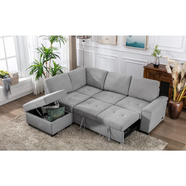 Nestfair 86 in. Gray Linen Upholstered Twin Size Sofa Bed with Hidden Storage and Ottoman
