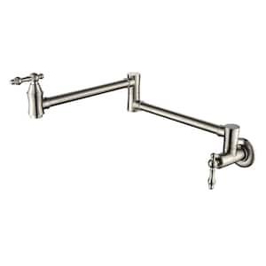 Kitchen Faucet Wall Mount Pot Filler with Folding Double Joint Swing Arm Faucet 2-Handle in Brushed Nickel