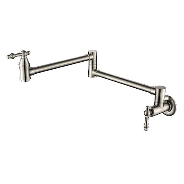 Logmey Kitchen Faucet Wall Mount Pot Filler with Folding Double Joint Swing Arm Faucet 2-Handle in Brushed Nickel