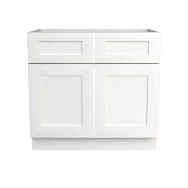 42 in. W x 24 in. D x 34.5 in. H Ready to Assembled Floor Base Kitchen Cabinet in White with 2 Doors and 2 Drawers
