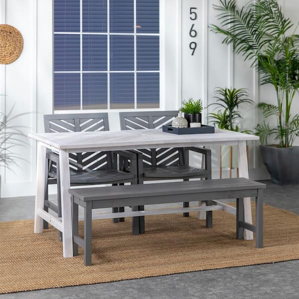 Walker Edison Furniture Company White Wash and Grey Wash 4-Piece Acacia Wood Boho Rectangle Table Outdoor Dining Set