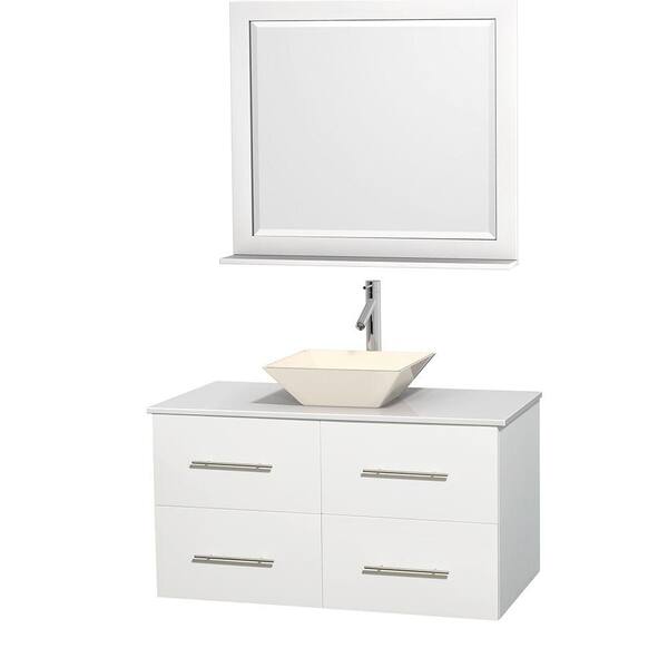 Wyndham Collection Centra 42 in. Vanity in White with Solid-Surface Vanity Top in White, Bone Porcelain Sink and 36 in. Mirror