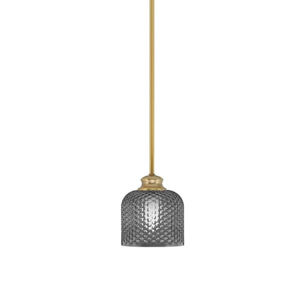 Unbranded Tyler 60-Watt 1-Light New Age Brass Stem Mini Pendant Light with Smoke Textured Glass Shade