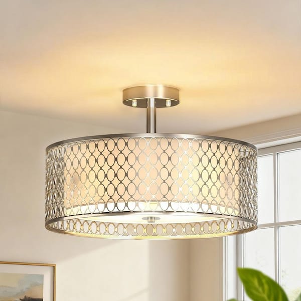 17 in. 3-Light Brushed Nickel Semi-Flush Mount Ceiling Light with White Fabric Shade and Modern Geometric Metal Frame