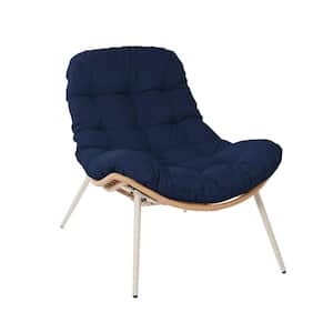 Beige Ergonomic Wicker Outdoor Single Moon-Shaped Curved Lounge Chair with Navy Blue Cushions