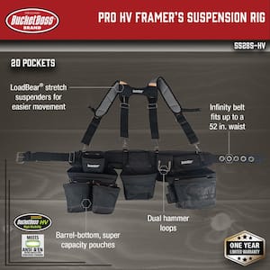 3 Bag Professional High Visibility Framer's Tool Belt with Suspenders Suspension Rig with 17 pockets in Black