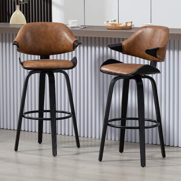 Bevelyn Vintage Brown Faux Leather Swivel Bar Stool with Black Wood Legs (Set of 2)