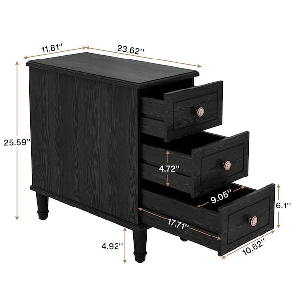 Fnova 25 in. H Solid Wood Black Rectangle End Table with 3 Drawers