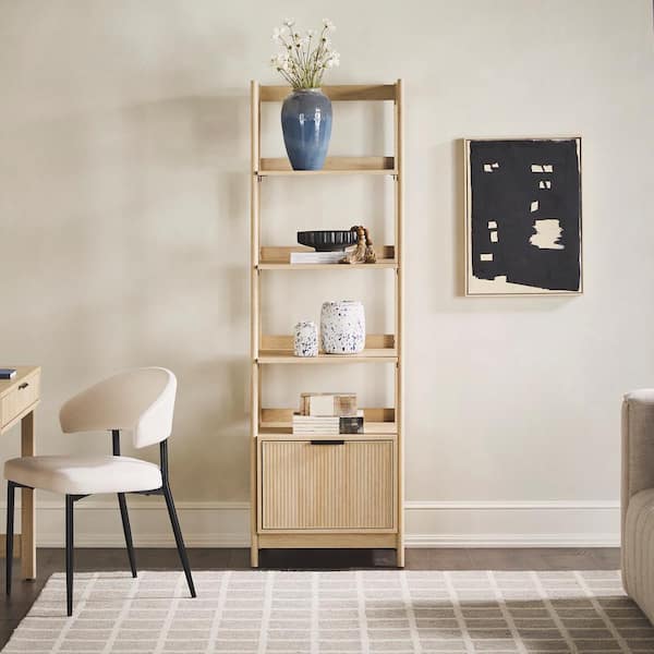 Modern 70 in. Tall Coastal Oak Wood 4-Shelf Bookcase with Reeded Drawer and Open Back