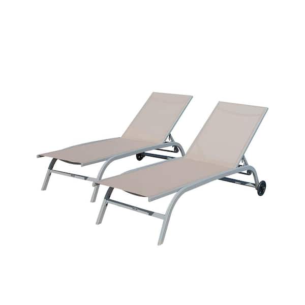 Sudzendf Khaki Outdoor Lounge Chair with Wheels, Outdoor Lounge Chairs with 5-Adjustable Position Set of 2