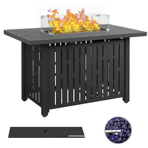 43 in. 50,000 BTU Black Steel Propane Fire Pit Table with Glass Wind Guard, Blue Fire Beads, Lid and Cover