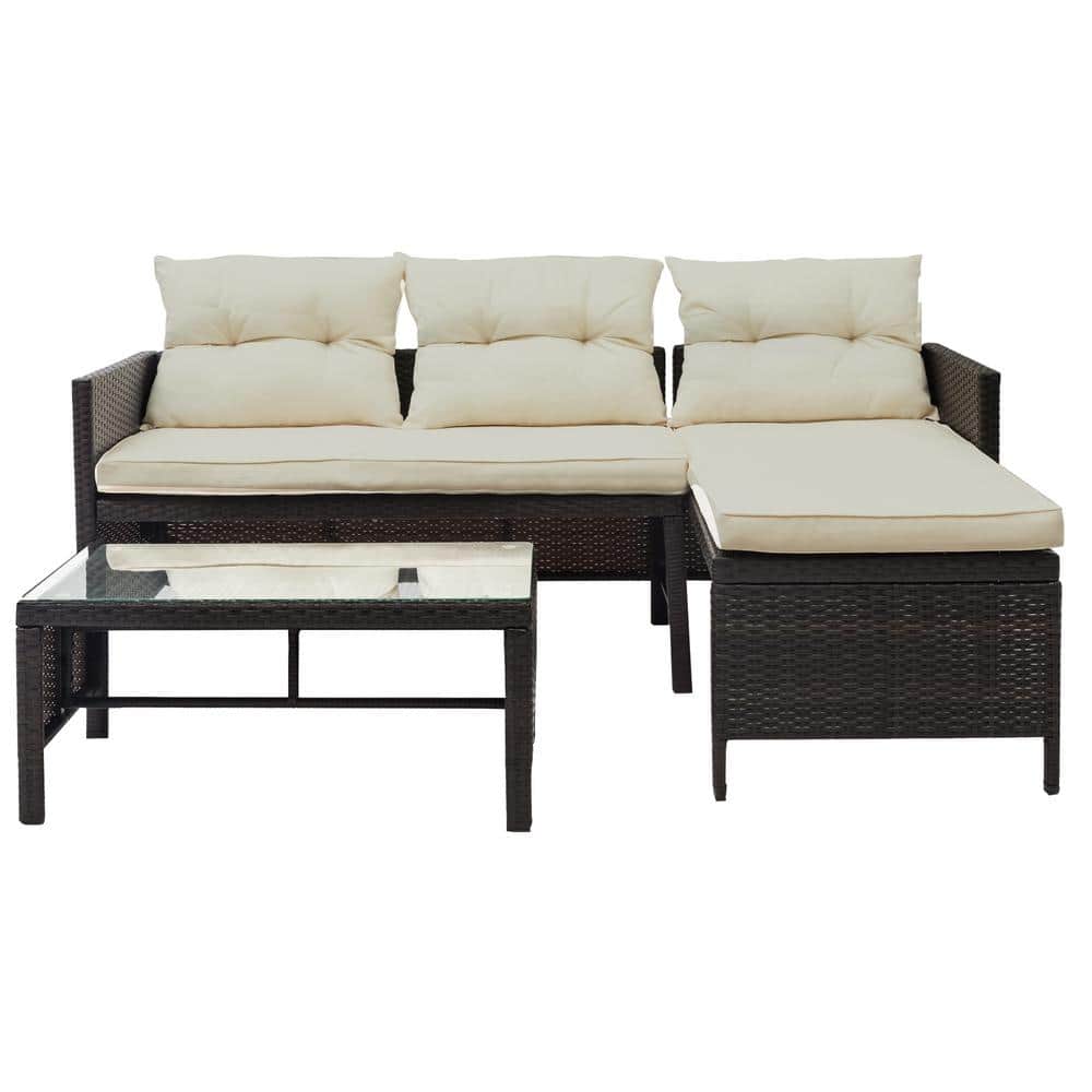 Brown 3-Piece Rattan Wicker Outdoor Furniture Sofa Sectional Set with Beige