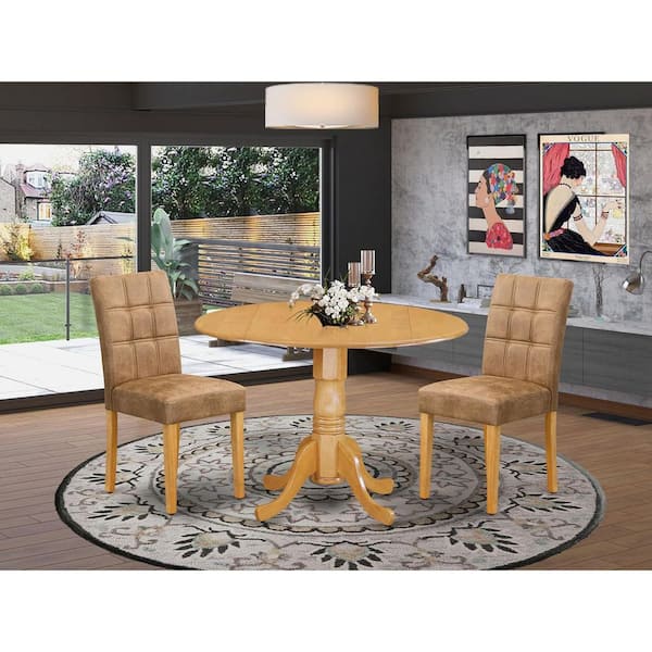 3-Piece Natural Oak Finish Solid Wood Top-Round Dining Room Set with Dropleaf-Seats 4