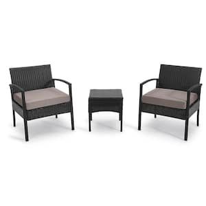 3-Pieces Wicker Patio Conversation Set 2-People Rattan Sofa Seating and Coffee Table Group Outdoor Set w/ Sand Cushions