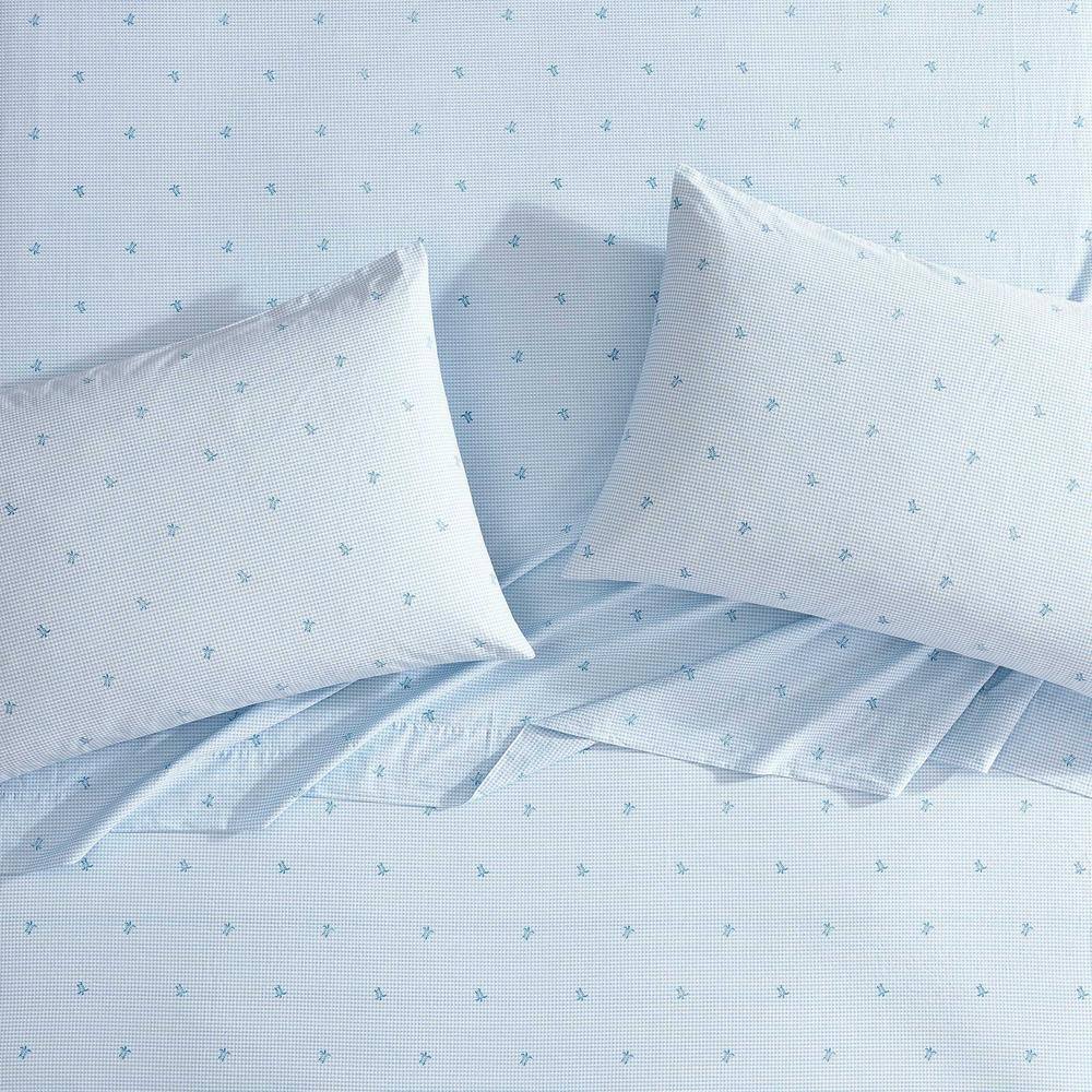 Blue Cotton Percale Queen Sheet Set with Turtle Print