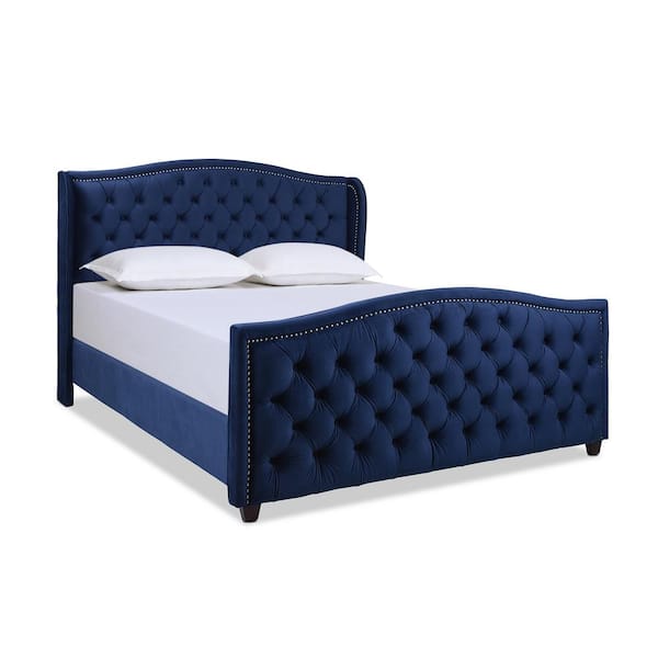 Jennifer Taylor Marcella Navy Blue Velvet California King Panel Bed