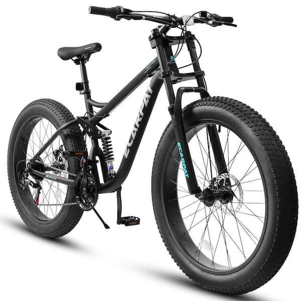26 in. x 4 in. Fat Tire Steel Frame Bike Full-Suspension 21 Speeds Drivetrain with Disc-Brake MTB Bicycle Black