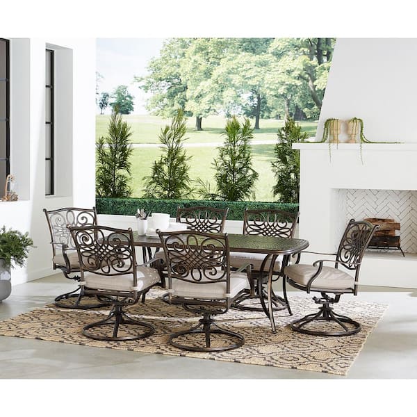 Agio Renditions 7-Piece Aluminum Outdoor Dining Set with Sunbrella Silver Cushions, 6 Swivel Rockers and 38x72 in. Table