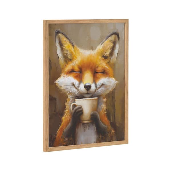 Kate and Laurel Gallery Happy Fox Traditional Coffee Tea Cup by The Creative Bunch Studio Natural Framed Art Print 12 in. x 16 in.