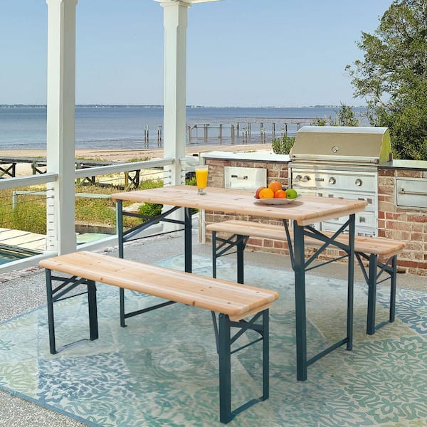 HOMMOW 43 in. x 20 in. 3-Piece Picnic Table Bench Foldable Wooden Picnic Table with Bench Outdoor Dining Table with Metal Frame