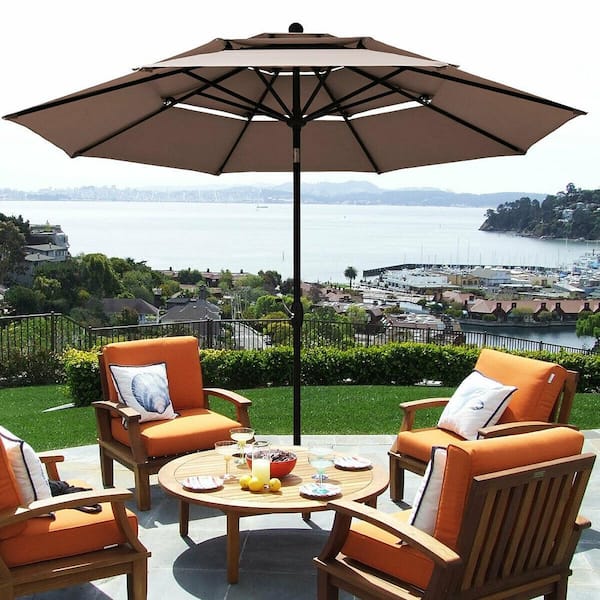 10 ft. 3-Tier Aluminum Market Patio Umbrella Sunshade Shelter Double Vented in Tan