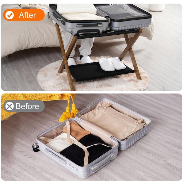 Numhew Heavy-Duty Walnut Folding Luggage Rack with Storage Shelf