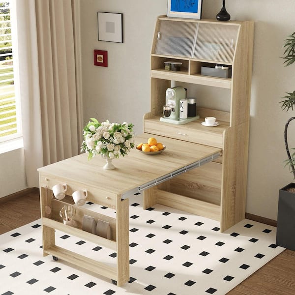 Polibi Natural MDF Wood Buffet with Hutch, Foldable Dining Table