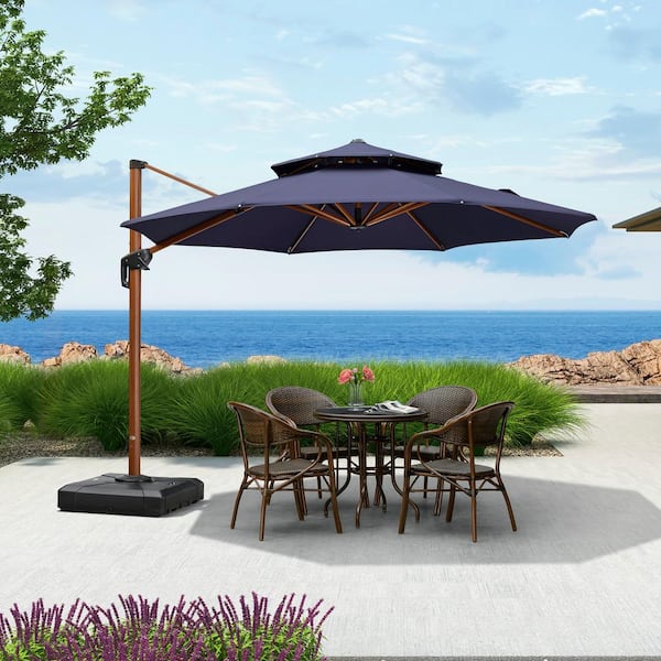PURPLE LEAF 11 ft. Octagon High-Quality Wood Pattern Aluminum Cantilever Polyester Patio Umbrella with Base, Navy Blue