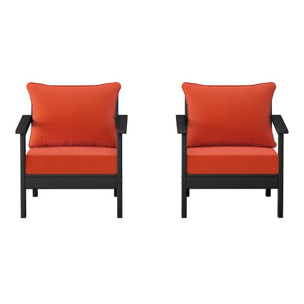 Birchwood Black Outdoor Patio (Set of 2) Deep Seating HDPE Lounge Chairs w/ Orange Cushions