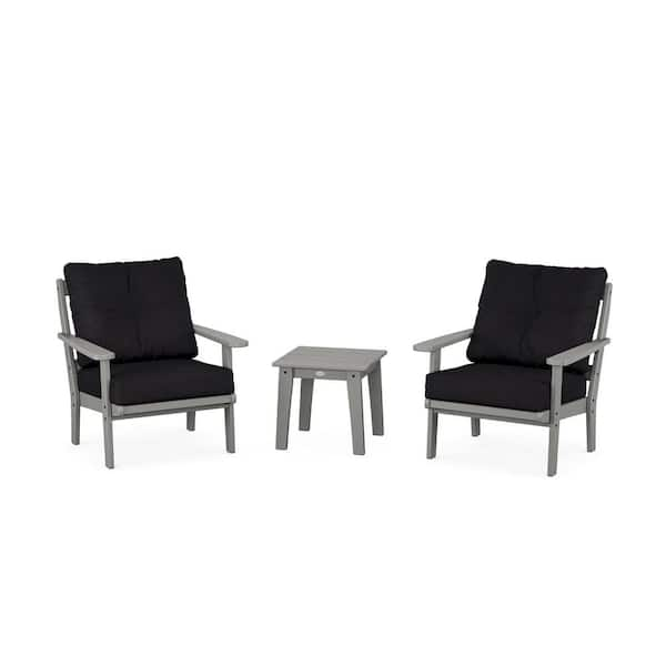 POLYWOOD Mission 3-Pcs Plastic Patio Conversation Set in Slate Grey/Midnight Linen Cushions