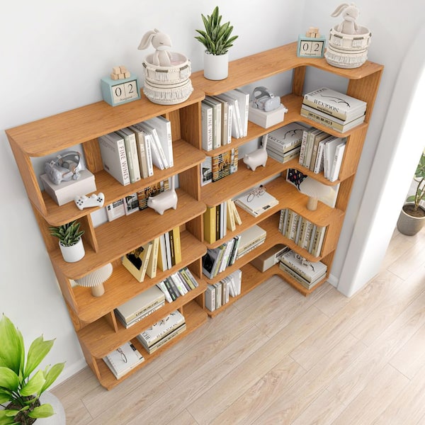 Odonna 64.56 in. Tall 2-Piece Dark Oak Wood 5-Tier Freestanding L-Shaped Corner Bookcase for Living Room