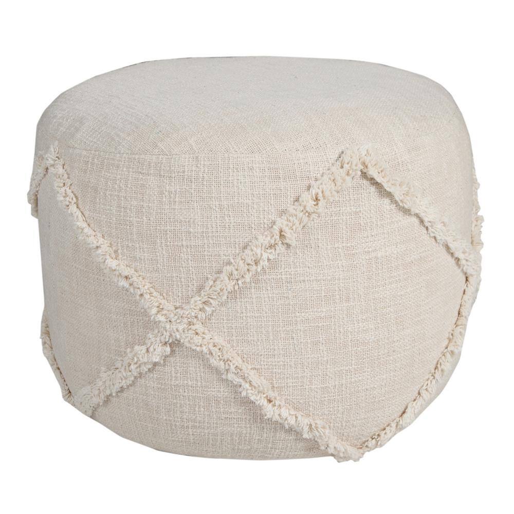 Contemporary Beige Tufted Cotton Round Pouf, 18"x14"